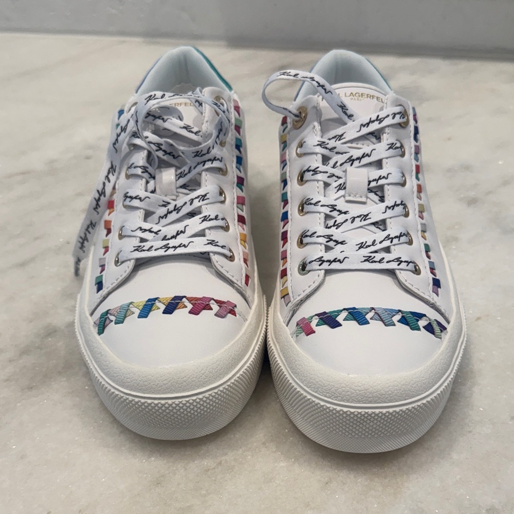 New! No box Karl Lagerfeld White Sneakers with Rainbow Stitch Detail